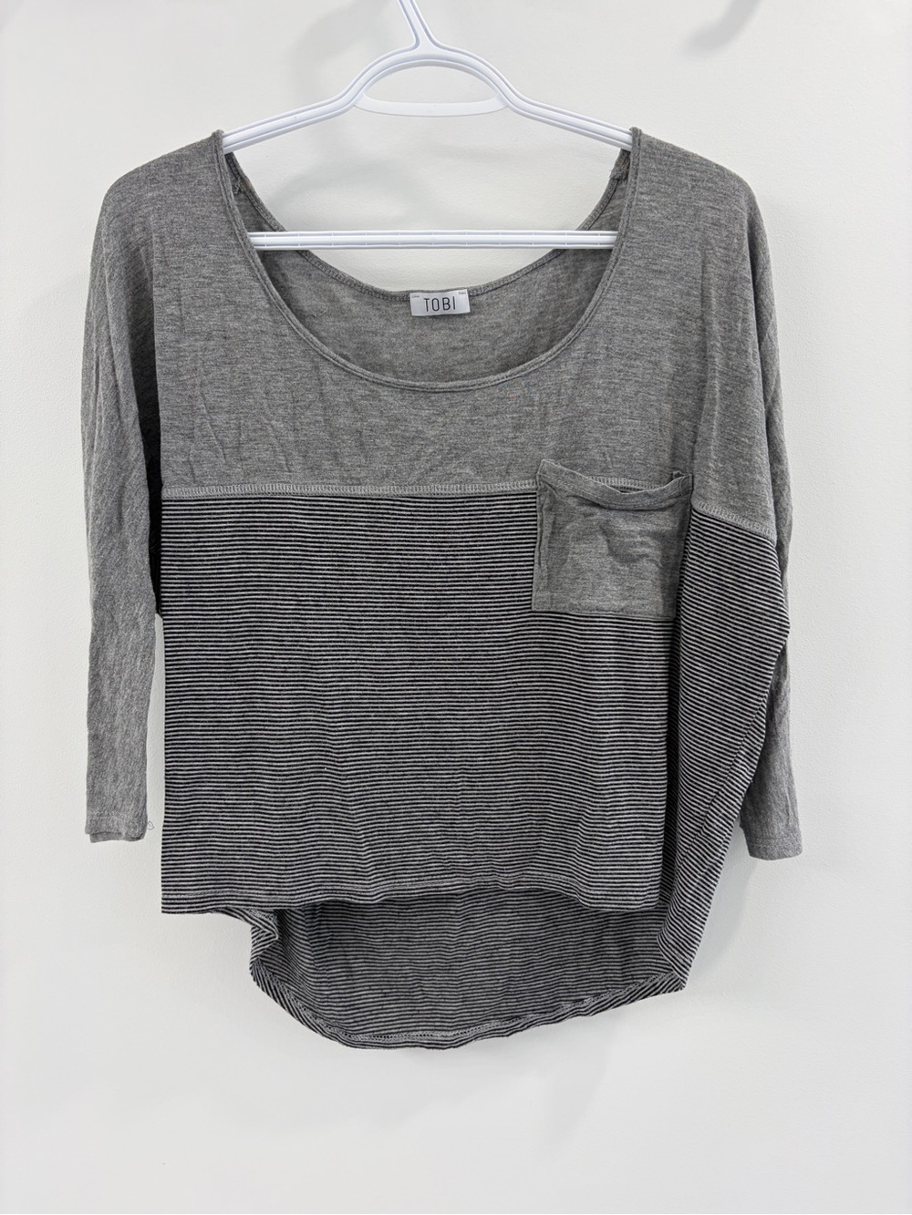 TOBI Gray Scoop Neck Striped Pocket Top 3/4 Sleeve